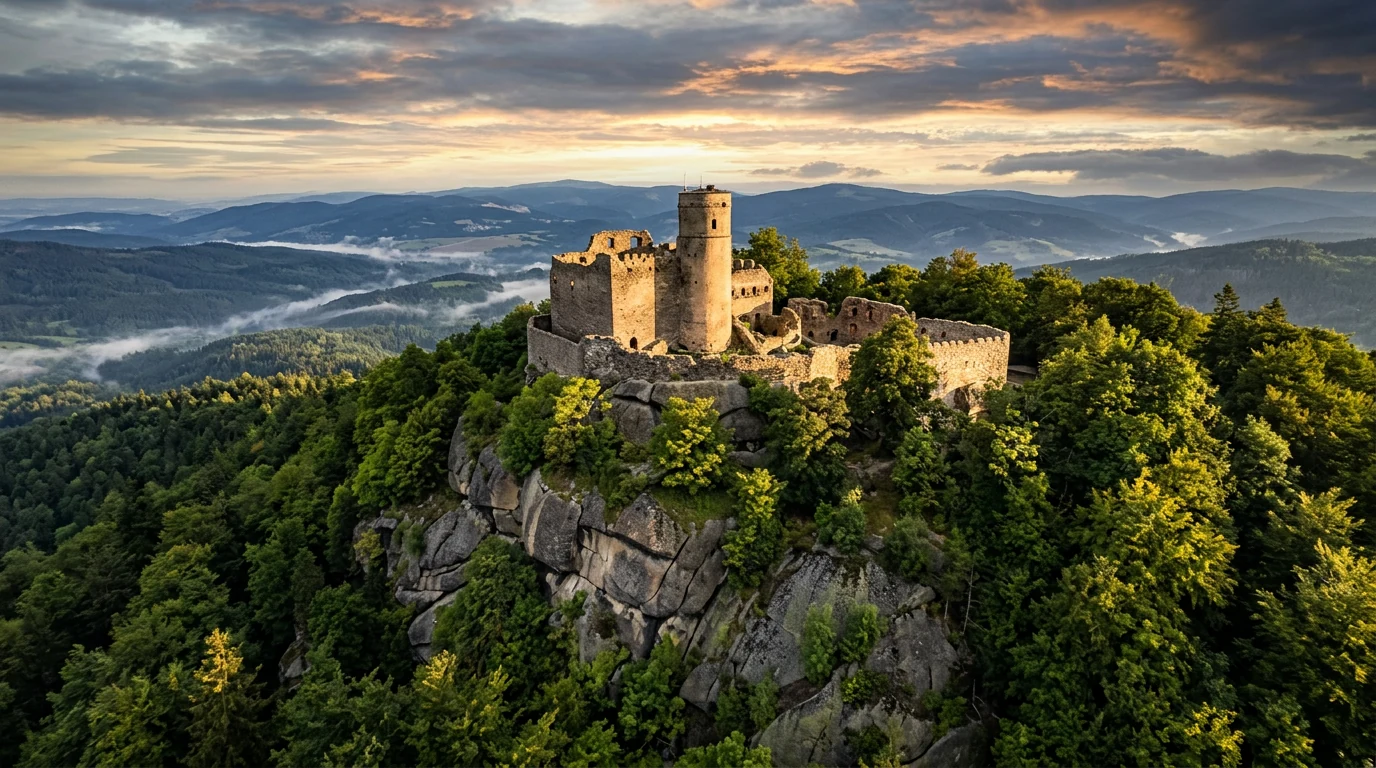 Chojnik Castle ruins on rocky hilltop, Karkonosze