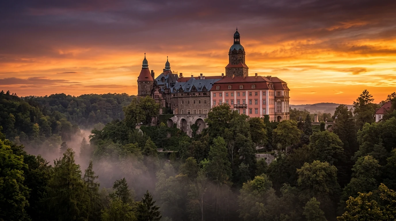 Książ Castle at golden hour, Wałbrzych
