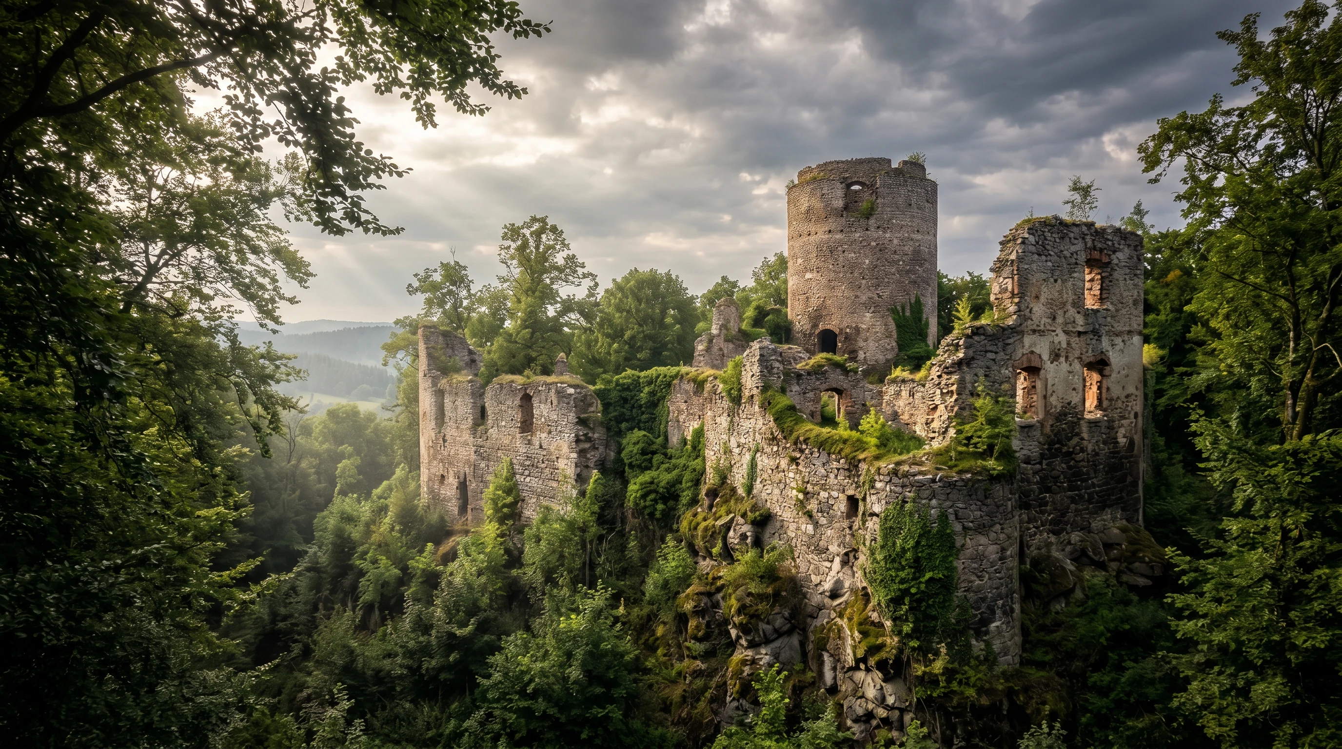 Lenno Castle ruins overgrown with forest, Lower Silesia