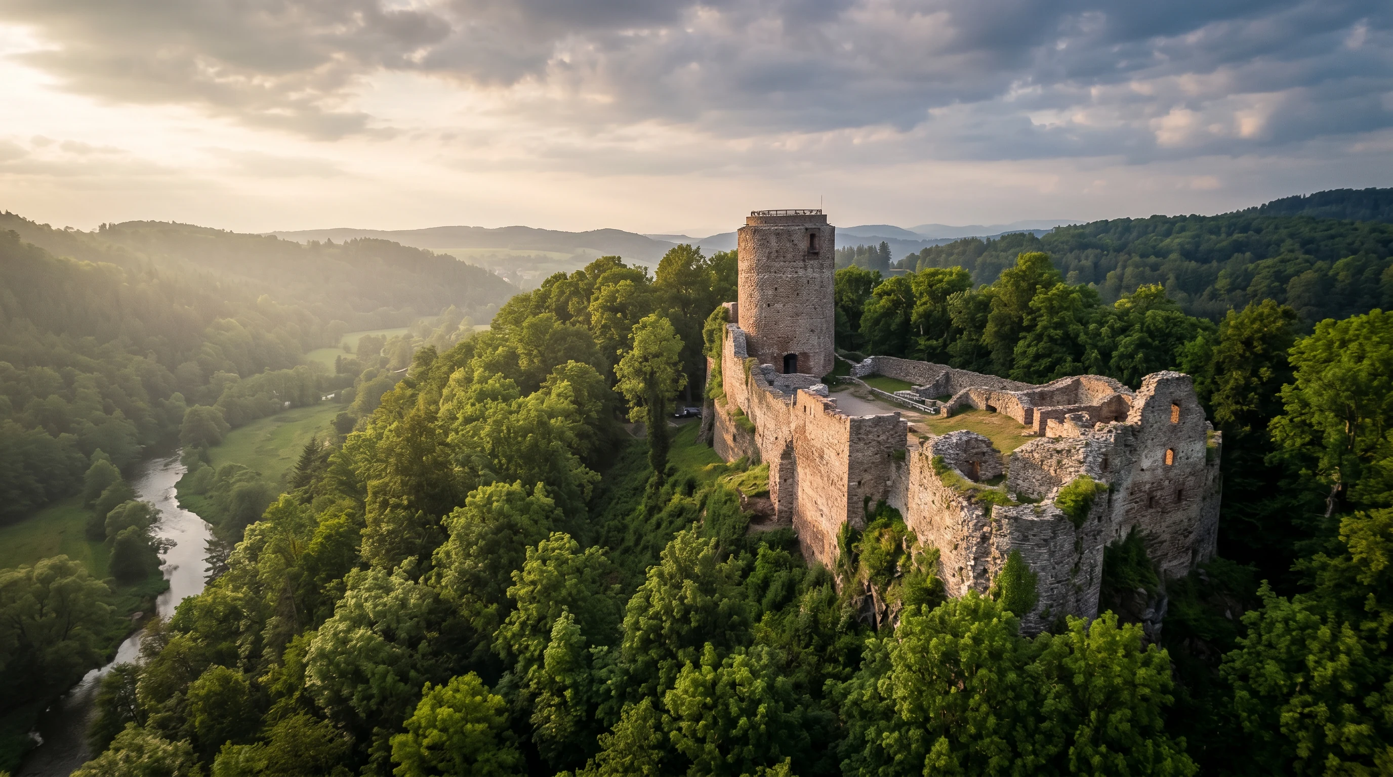 Wleń Castle ruins on forested hill above Bóbr River, oldest castle in Poland