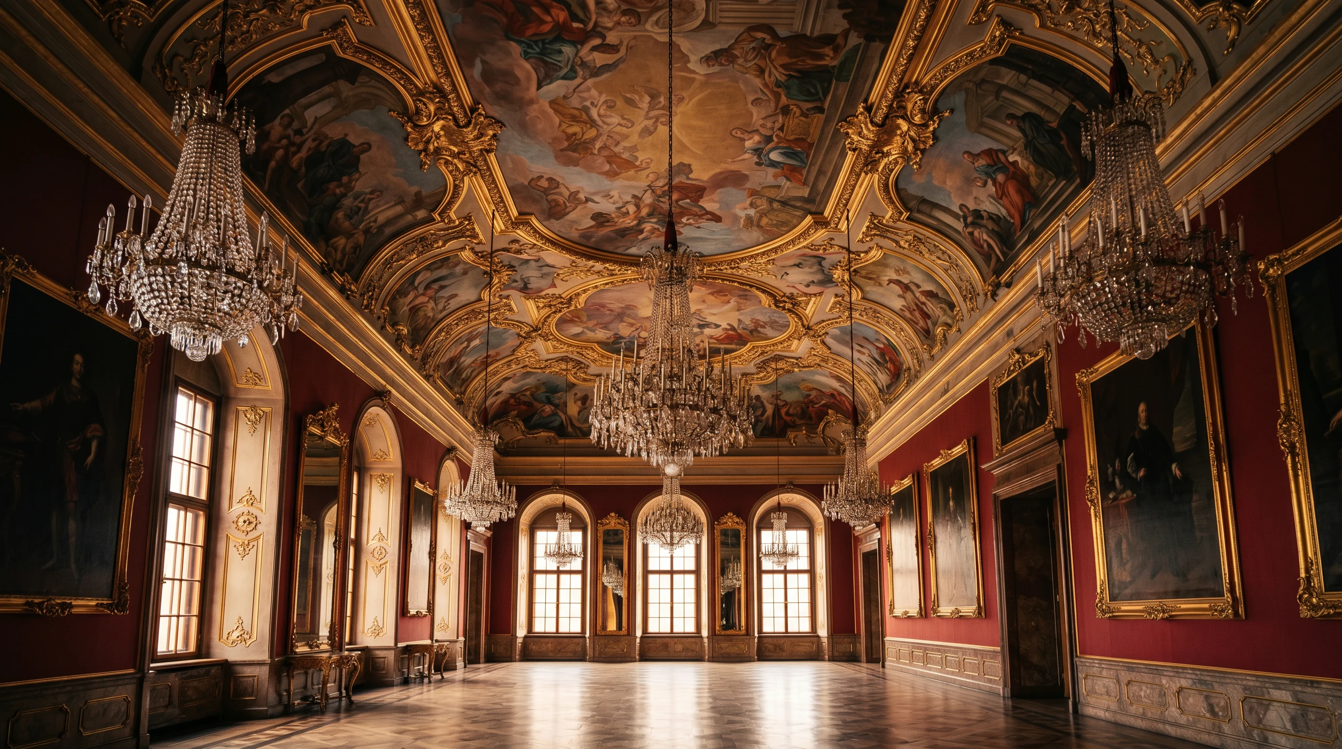 Grand Baroque interior of Książ Castle, Maximilian Hall with chandeliers