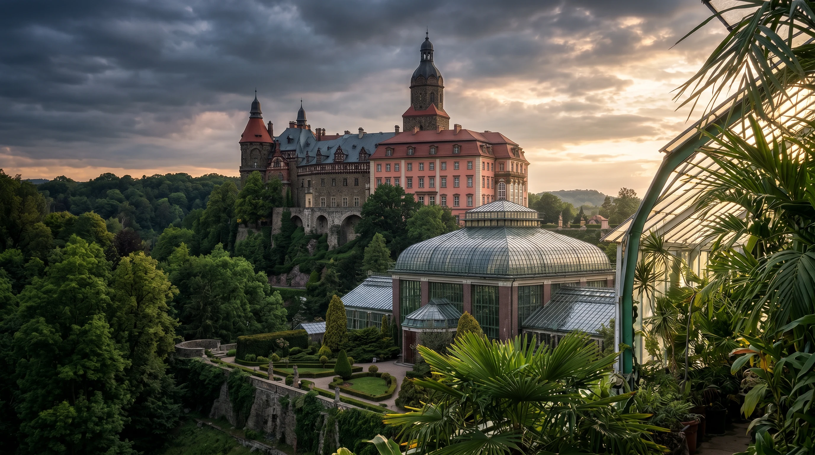 Victorian glass Palm House at Książ Castle with tropical plants