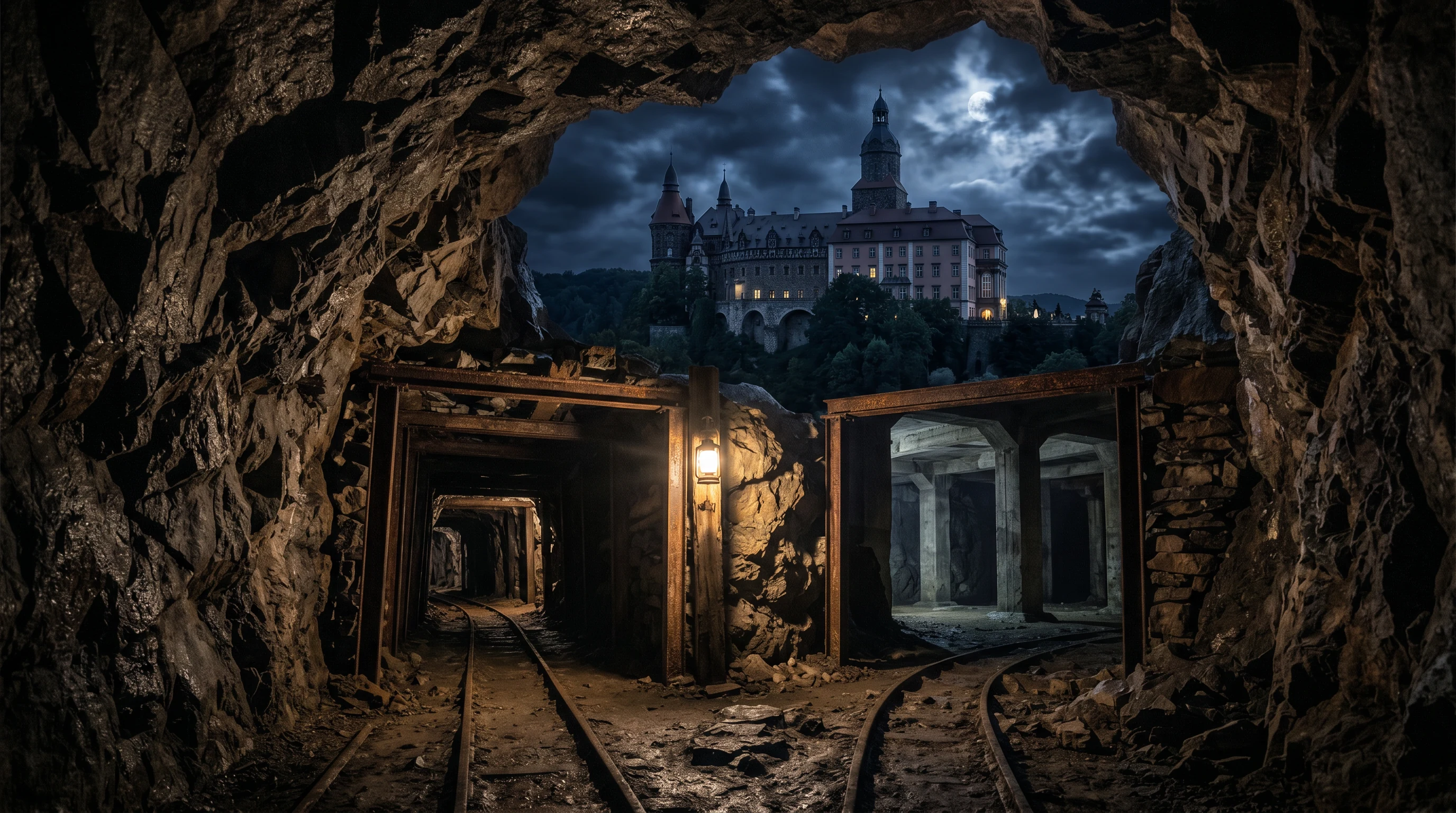 Underground Project Riese tunnels beneath Książ Castle, atmospheric lighting